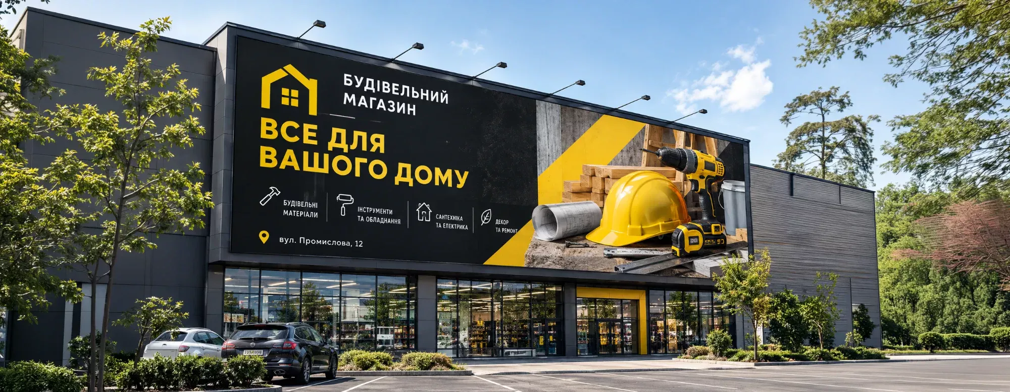 Банер на фасаді будівельного магазину — широкоформатний друк від Фарбованого лиса